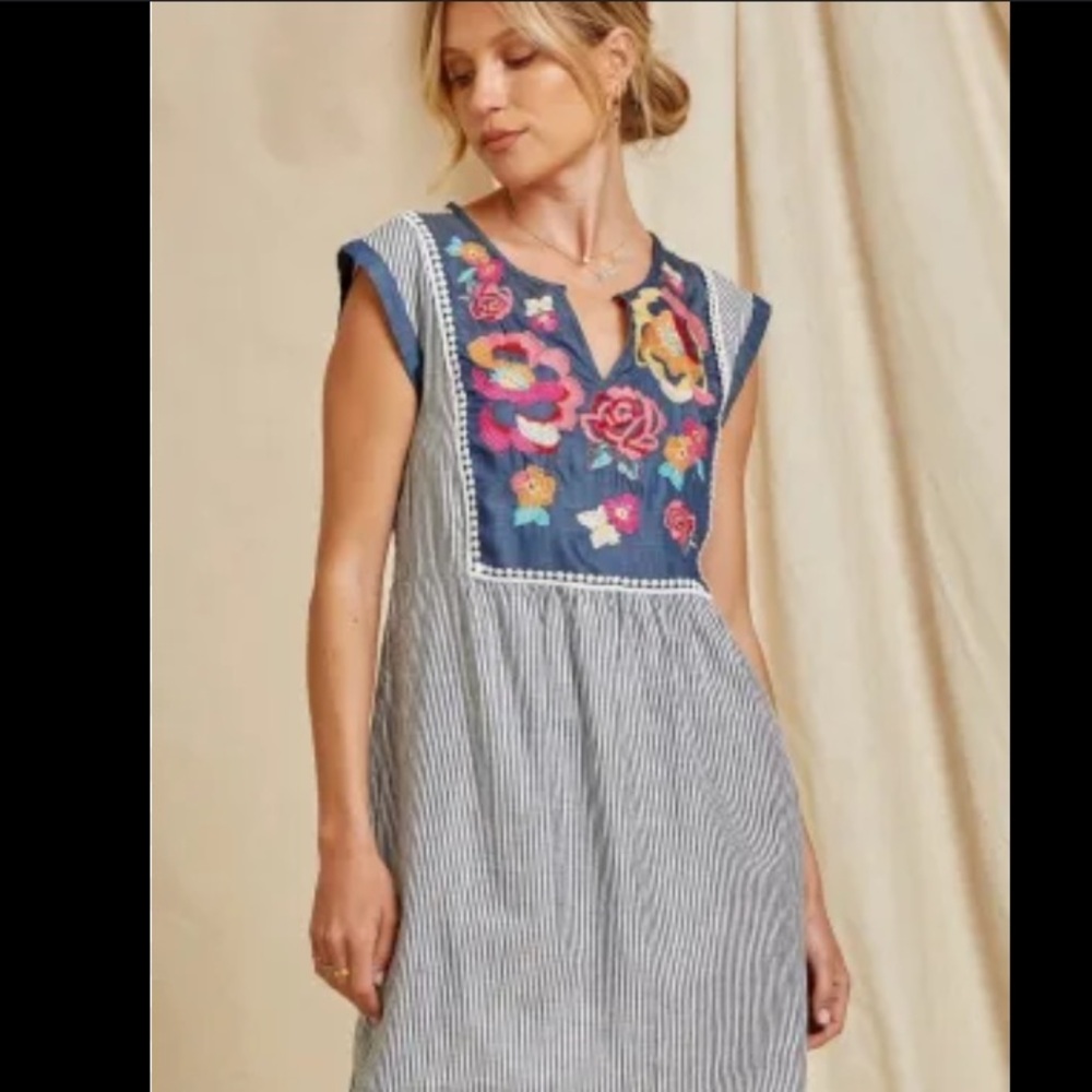 Savanna Jane boho embroidered blue- white stripe dress